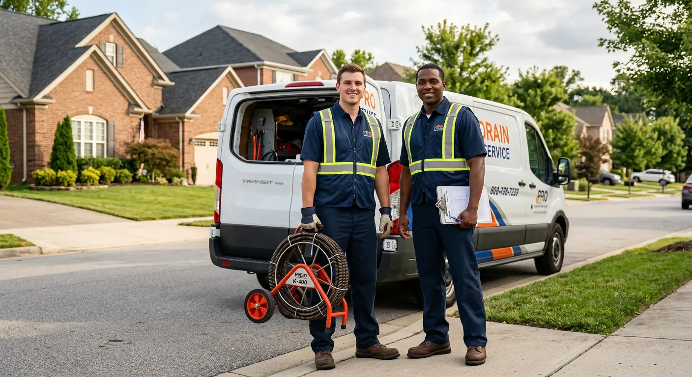 Sewer and drain service team with equipment ready for work in La Porte