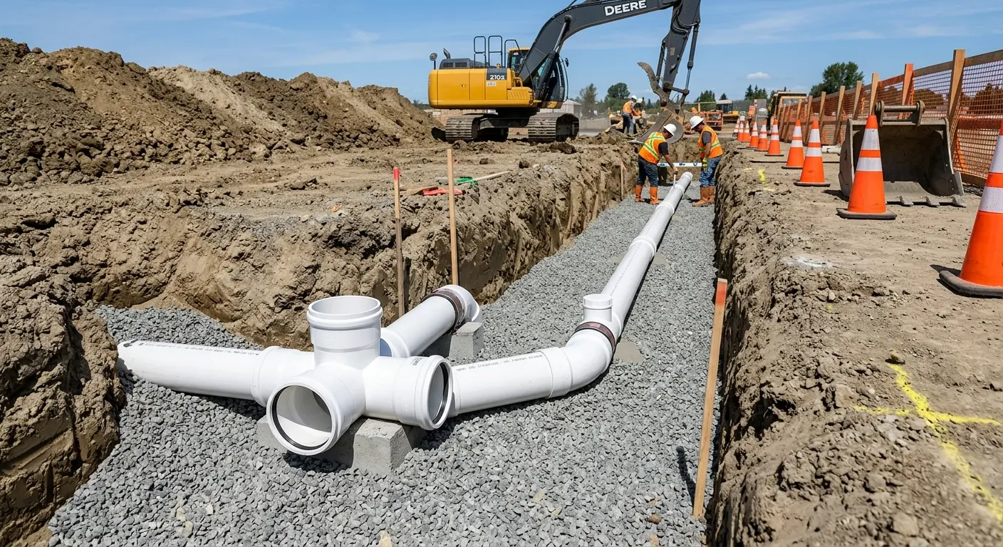 New PVC sewer pipe installation in open trench for Sewer Backup in La Porte