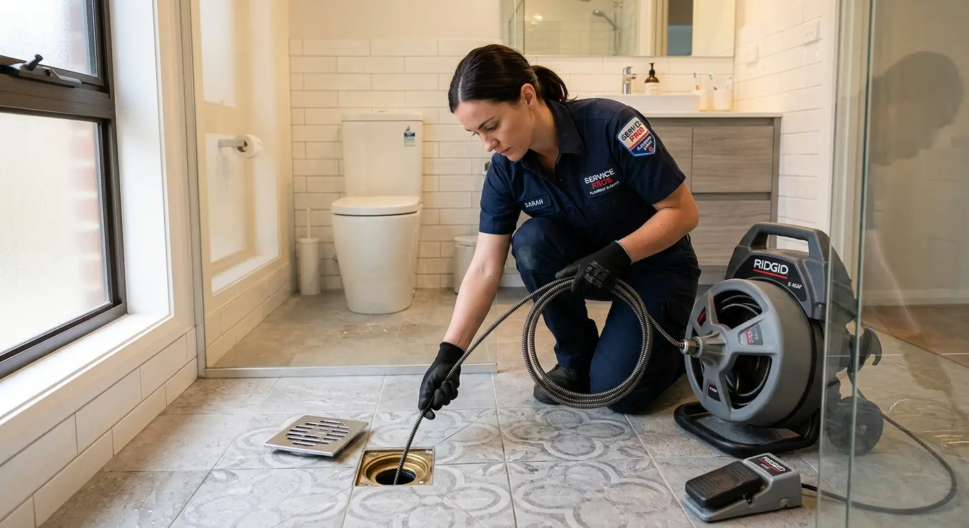 Technician clearing a bathroom floor drain for Sewer Line Installation in La Porte